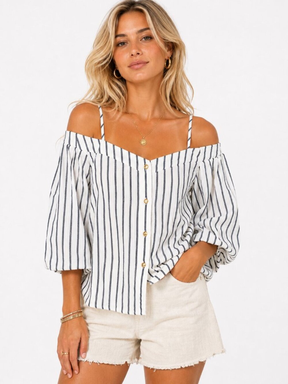 BP Navy Peacoat Stripe Off Shoulder Linen Blend Top Womens Size Large NWT